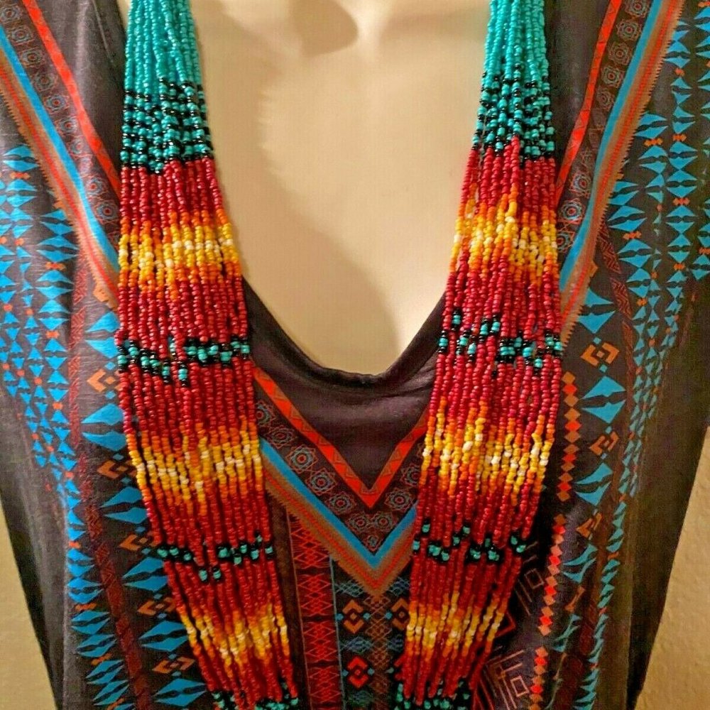 Southwestern 18strand Seed Bead Necklace turquoise Indian summer beaded jewelry - Picture 2 of 12